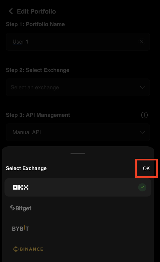 Confirm OKX exchange selection