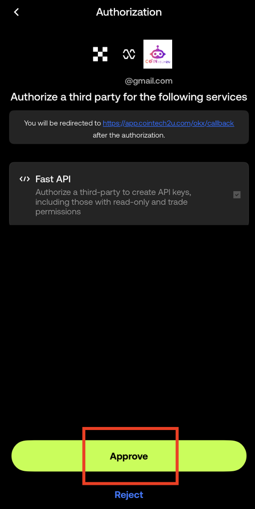 Approve CoinTech2u Fast API connection in OKX