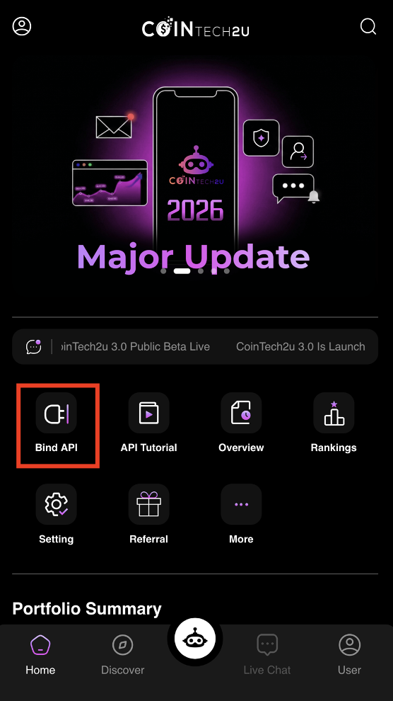Tap Bind API on CoinTech2u homepage