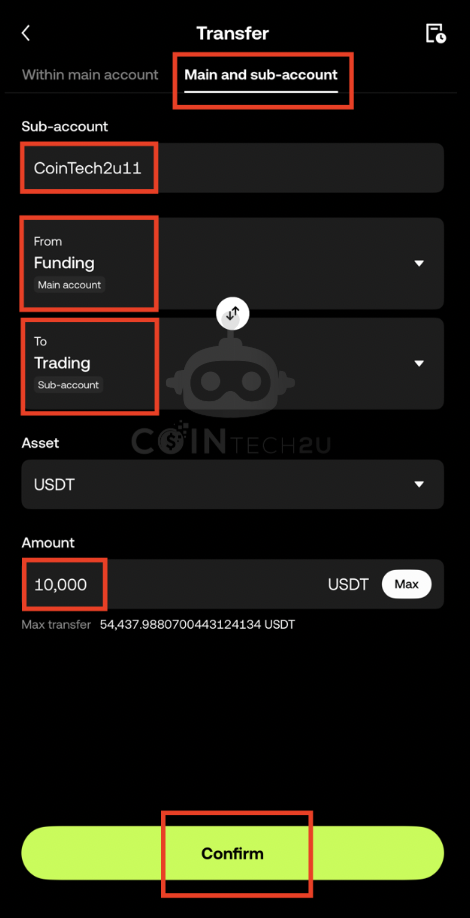 Transfer funds from main to sub-account Trading Wallet