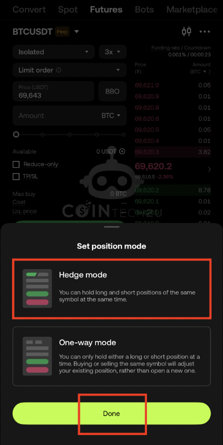 Enable Hedge mode in OKX and tap Done