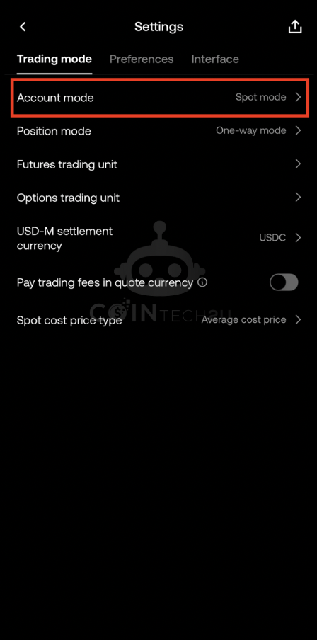Tap Account mode in OKX settings