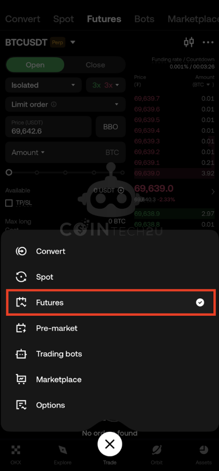 Select Futures in OKX trading view