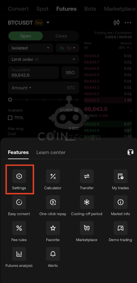 Tap Settings in OKX options menu