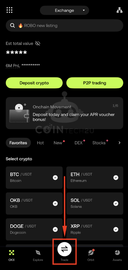 Tap Trade in OKX bottom menu