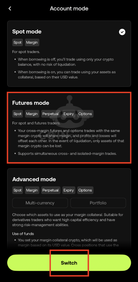 Switch to Futures mode in OKX
