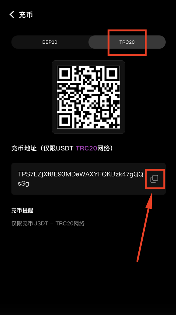 选择TRC20网络并复制地址
