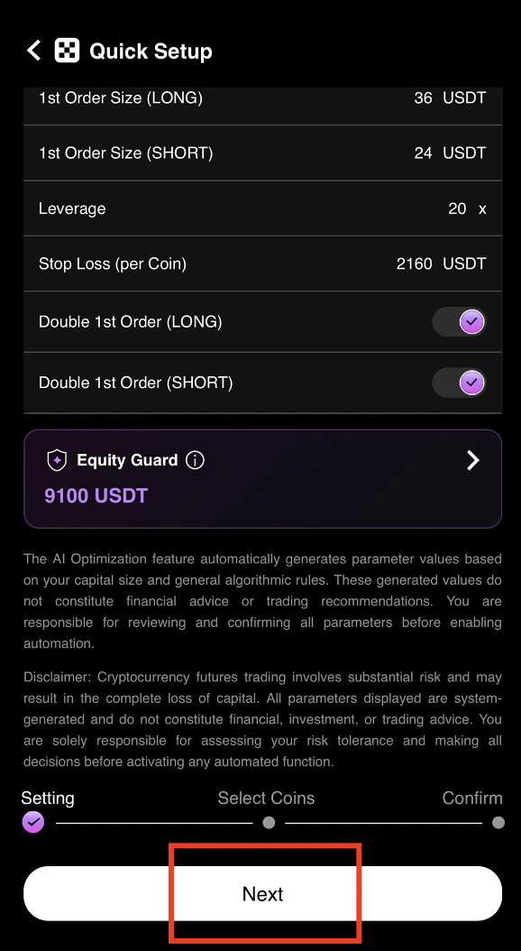 Tap Next after setting Equity Guard