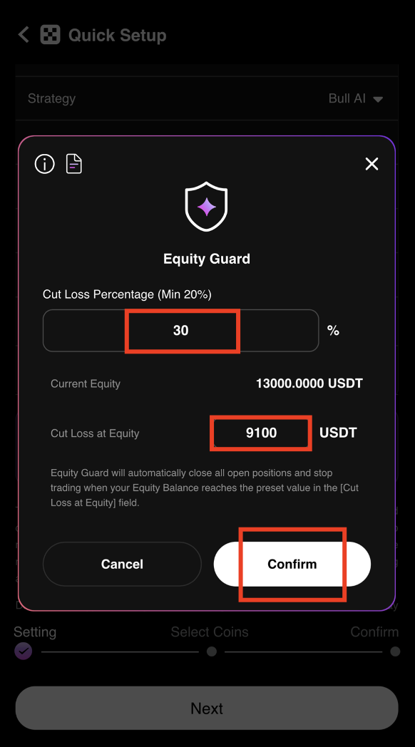 Set Cut Loss Percentage for Equity Guard