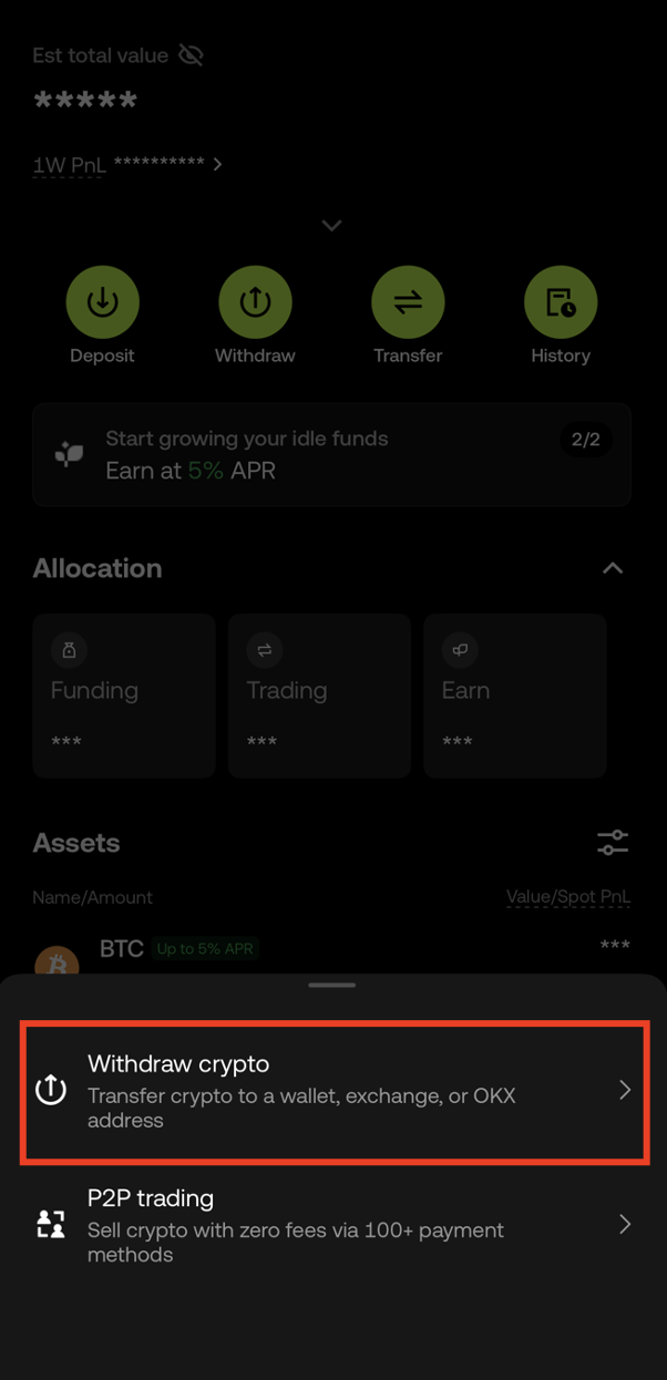 Select Withdraw crypto option in OKX