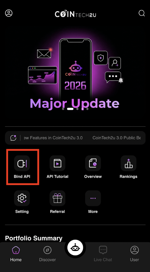 Tap Bind API on CoinTech2u homepage
