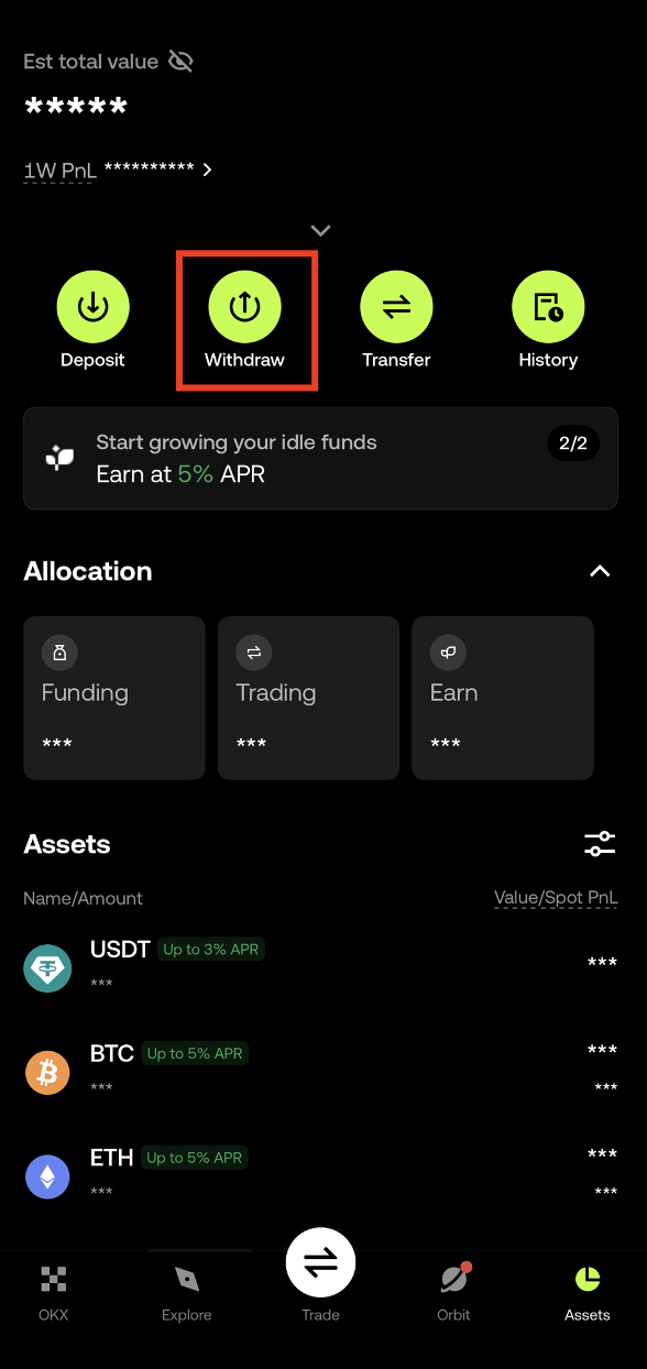 Tap Withdraw in OKX Assets