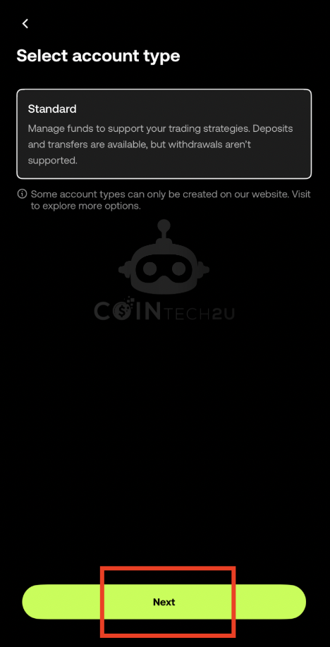 Tap Next to continue sub-account creation