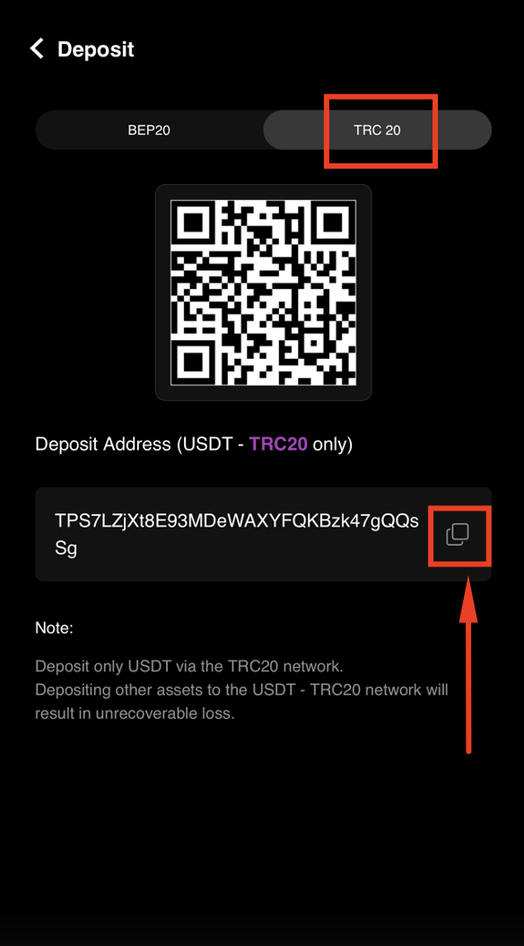 Select TRC20 network and copy deposit address