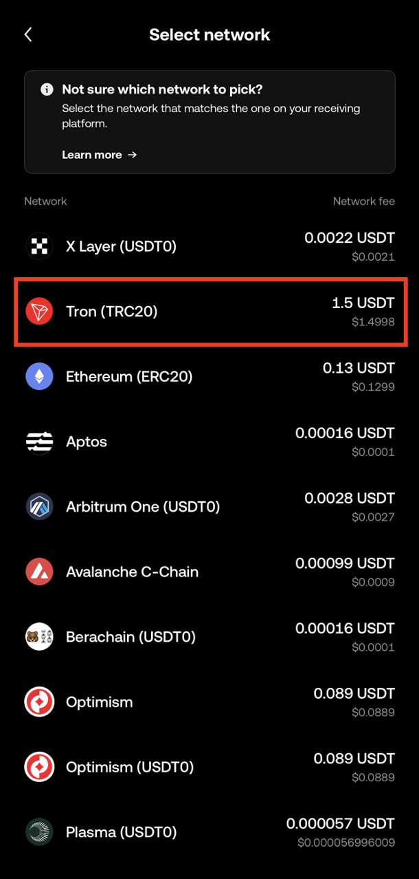 Select TRC20 network for USDT withdrawal - critical step
