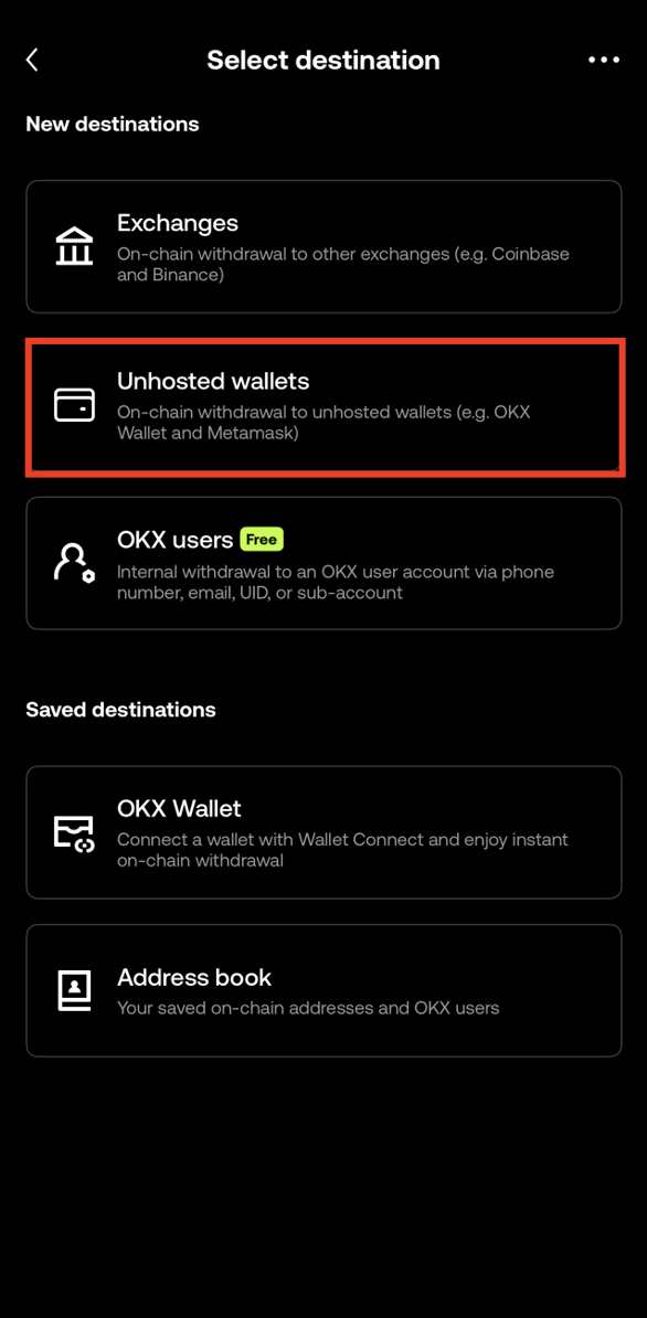 Select Unhosted wallets in OKX withdrawal