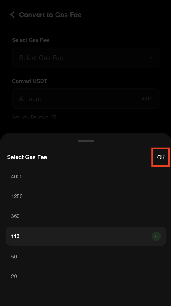 Select Gas Fee conversion amount