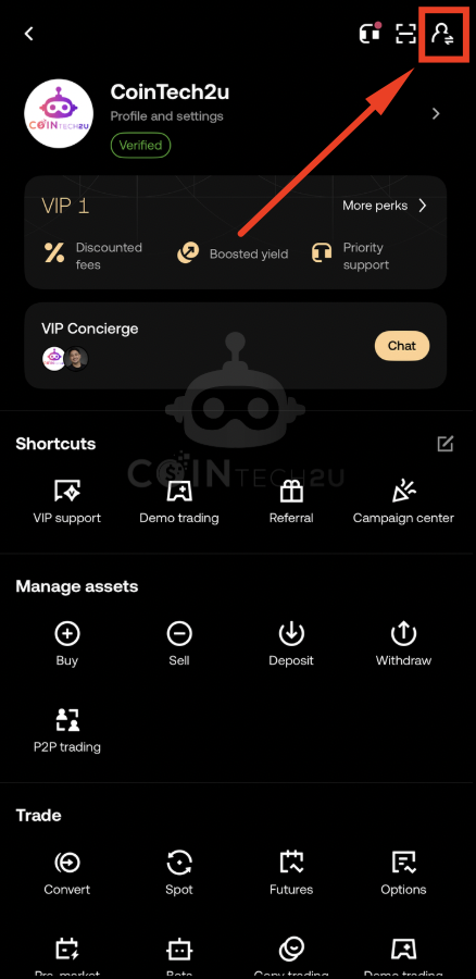Tap Account Switch icon in OKX User Centre
