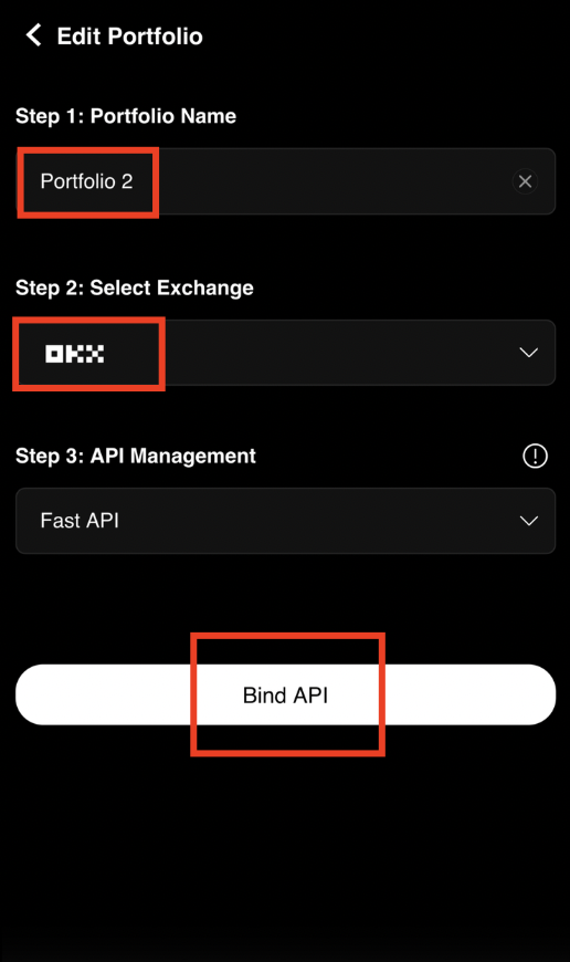 Configure portfolio name and select OKX