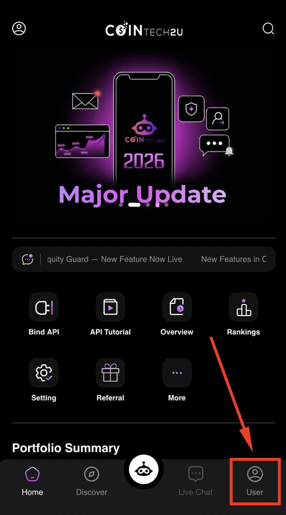 Tap User in CoinTech2u bottom menu