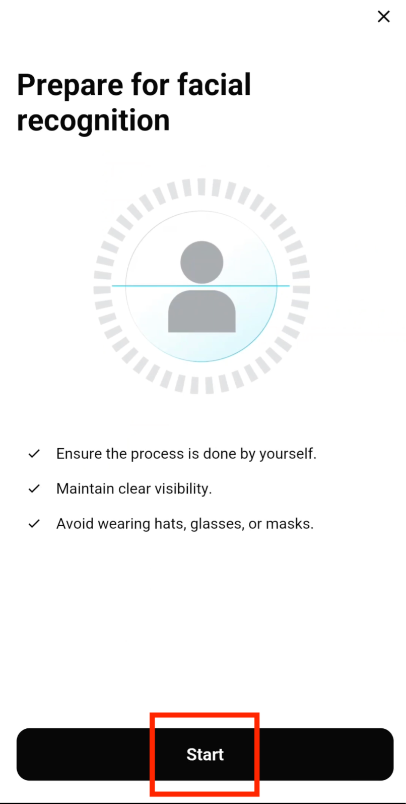 Start facial verification scan on Bitget