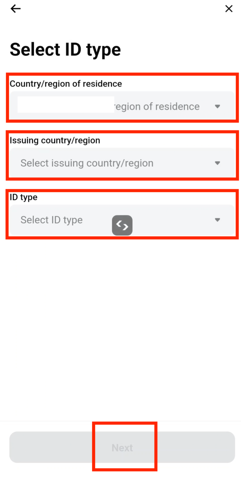 Select country and ID type for Bitget KYC