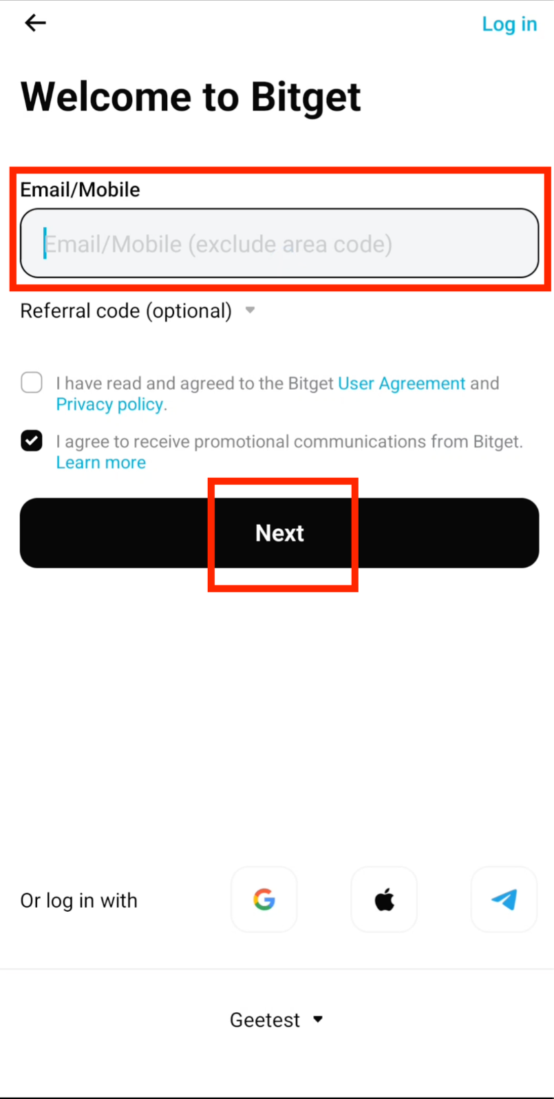 Enter email to log in to Bitget app