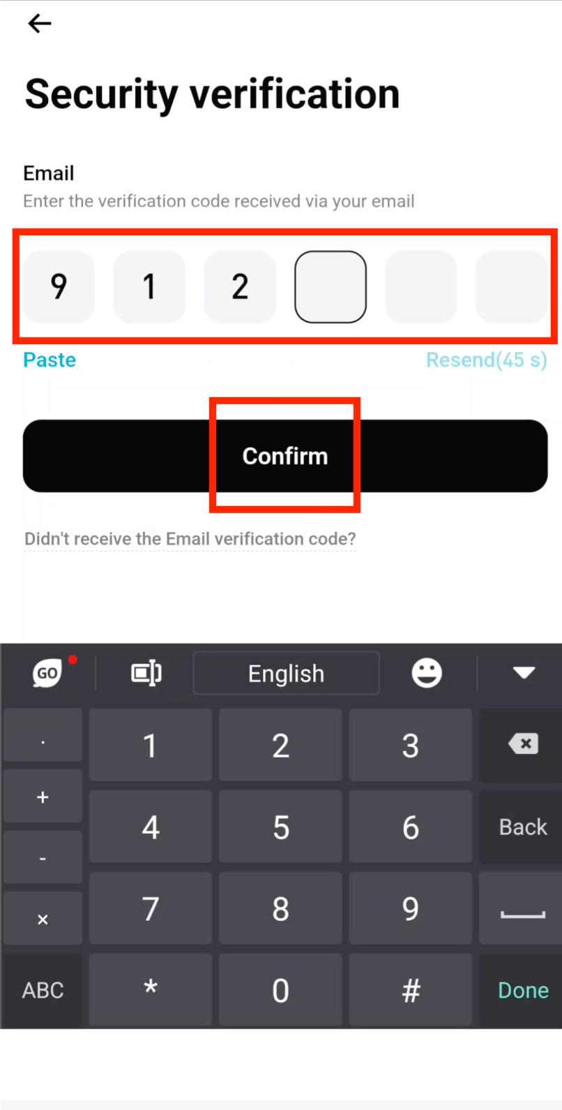 Enter email verification code on Bitget app
