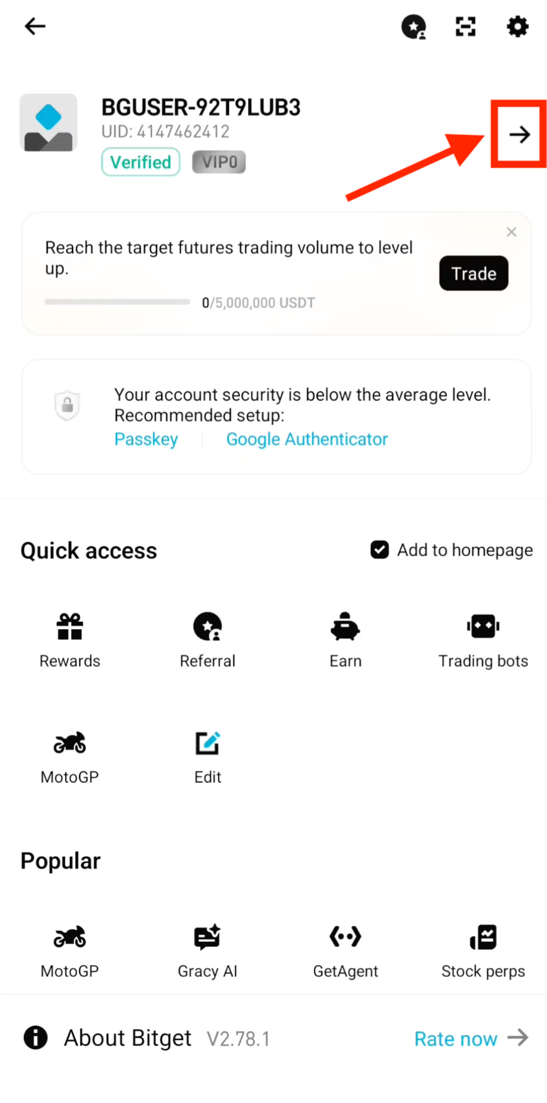 Tap arrow icon to access Bitget settings
