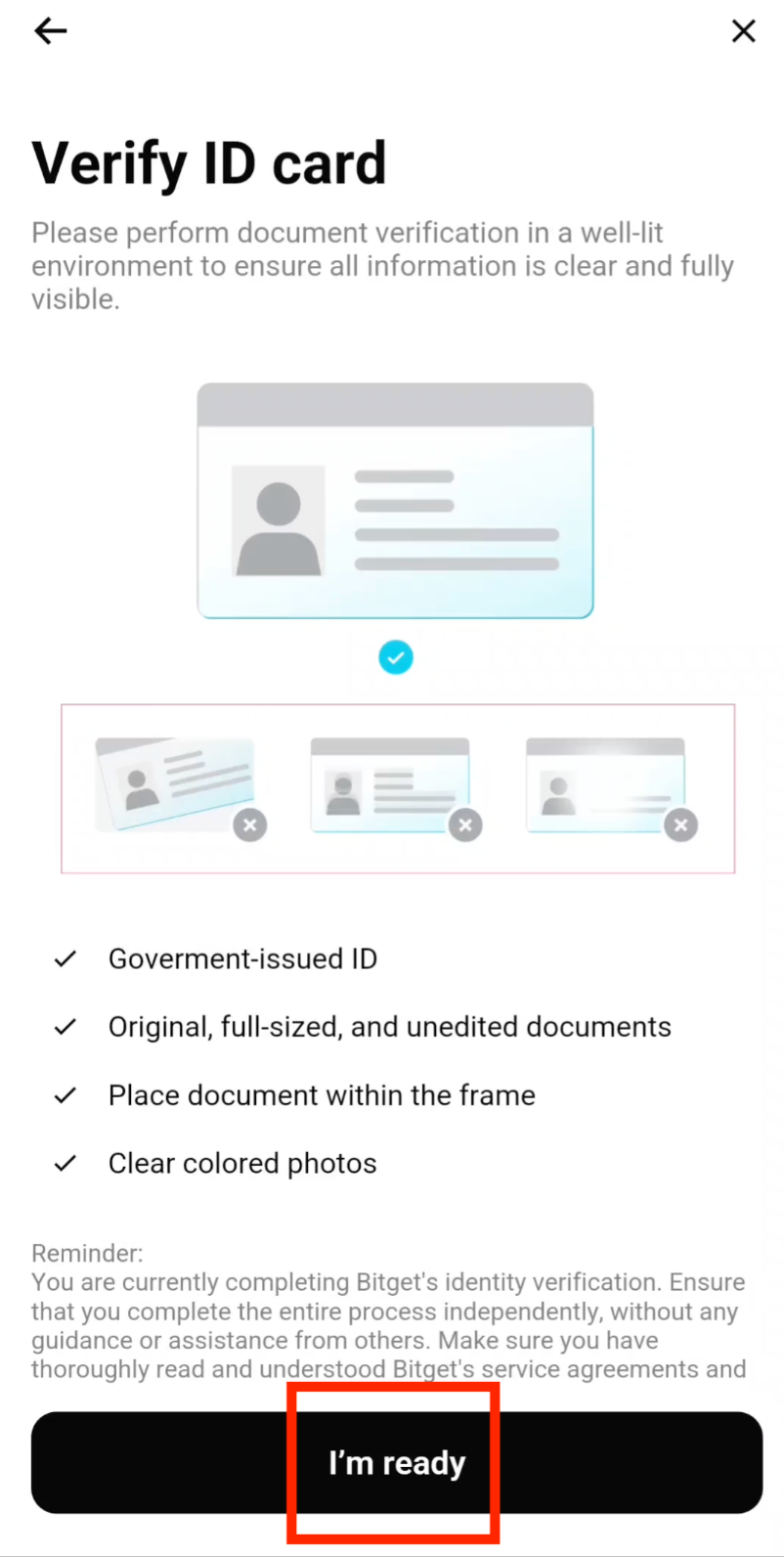 Upload ID card photos for Bitget KYC verification
