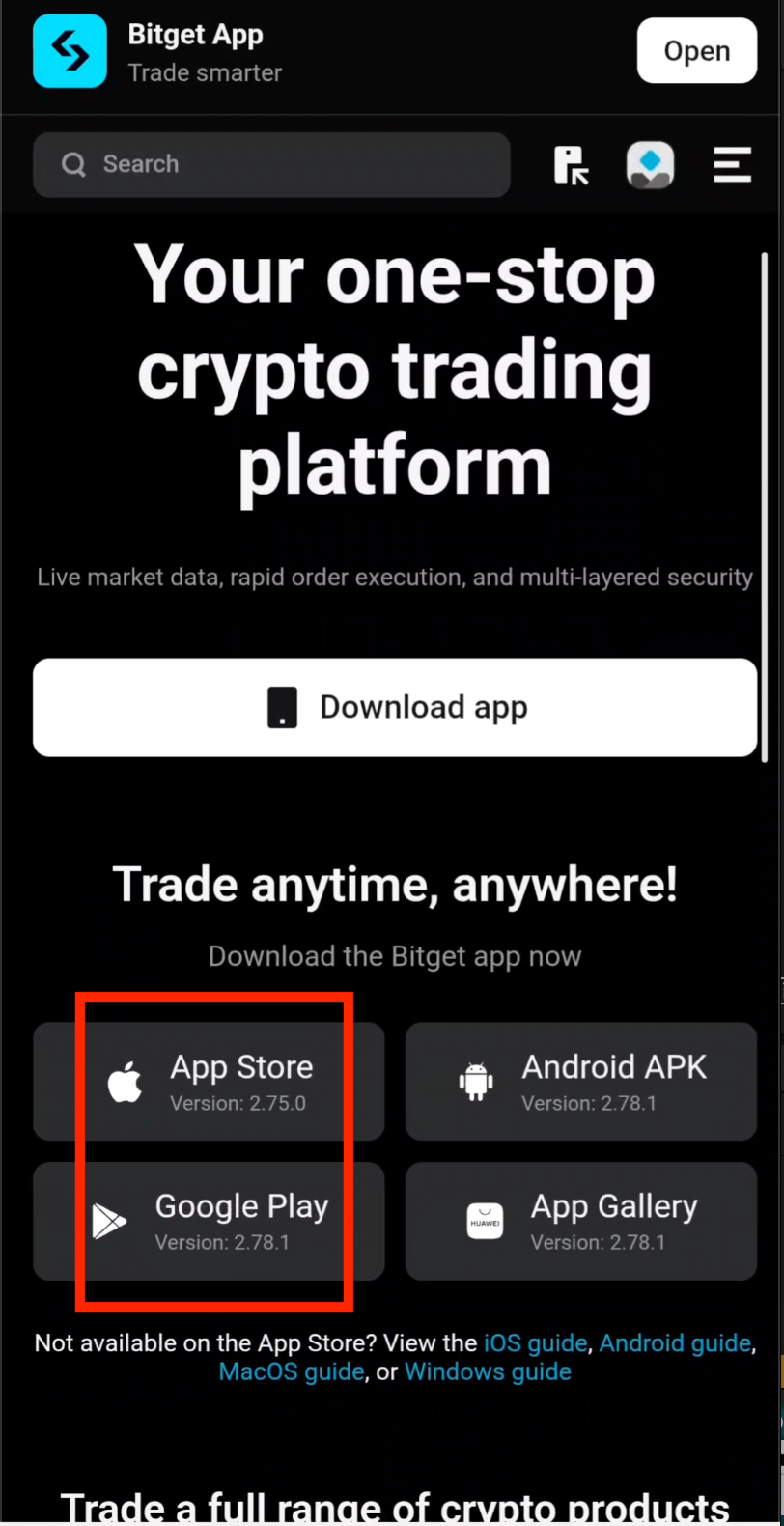 Choose iOS or Android to download Bitget app