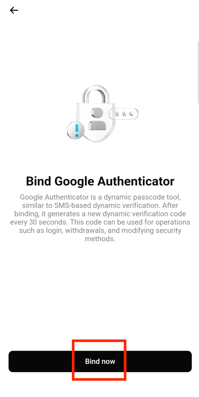 Tap Bind now to link Google Authenticator to Bitget