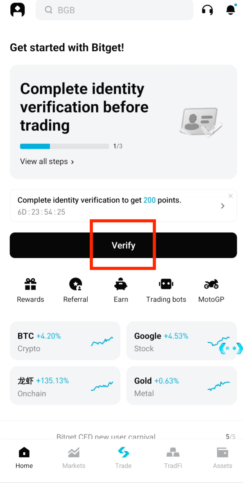 Tap Verify to start Bitget KYC process