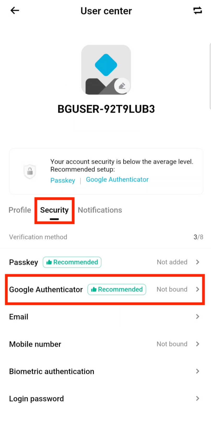 Tap Security then Google Authenticator in Bitget settings