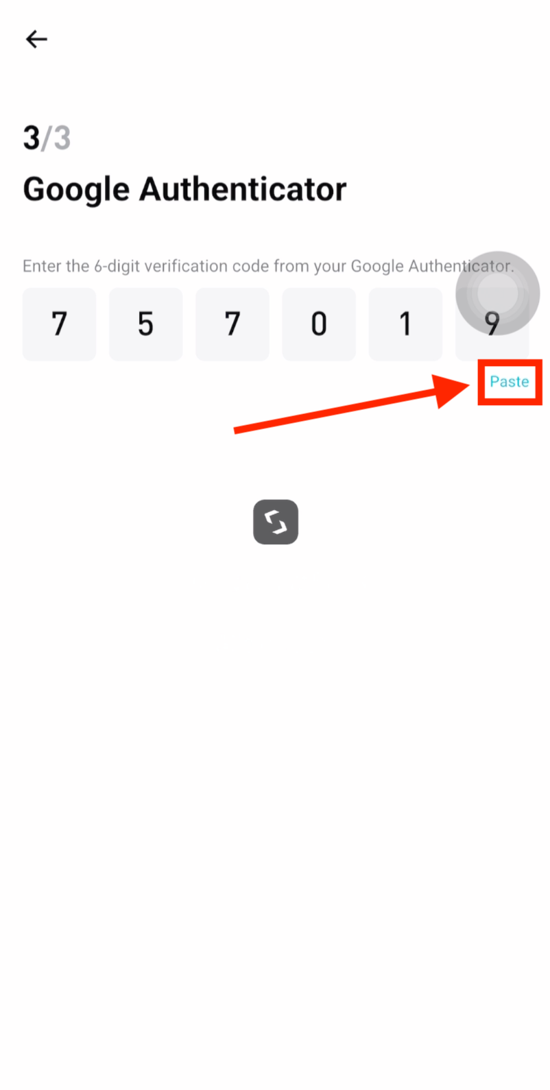 Paste verification code in Bitget to complete 2FA binding