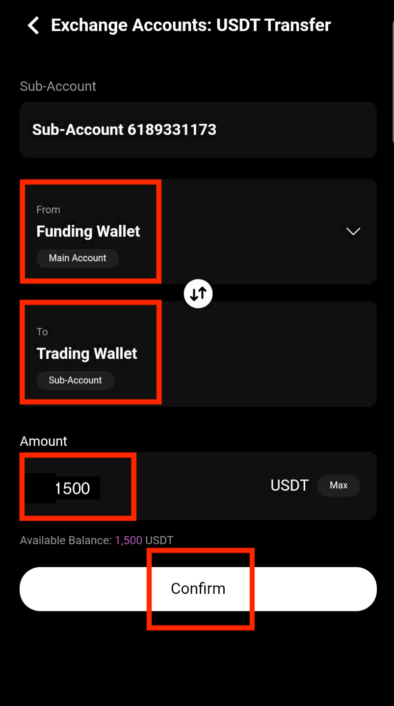 Enter USDT amount and confirm transfer to sub-account