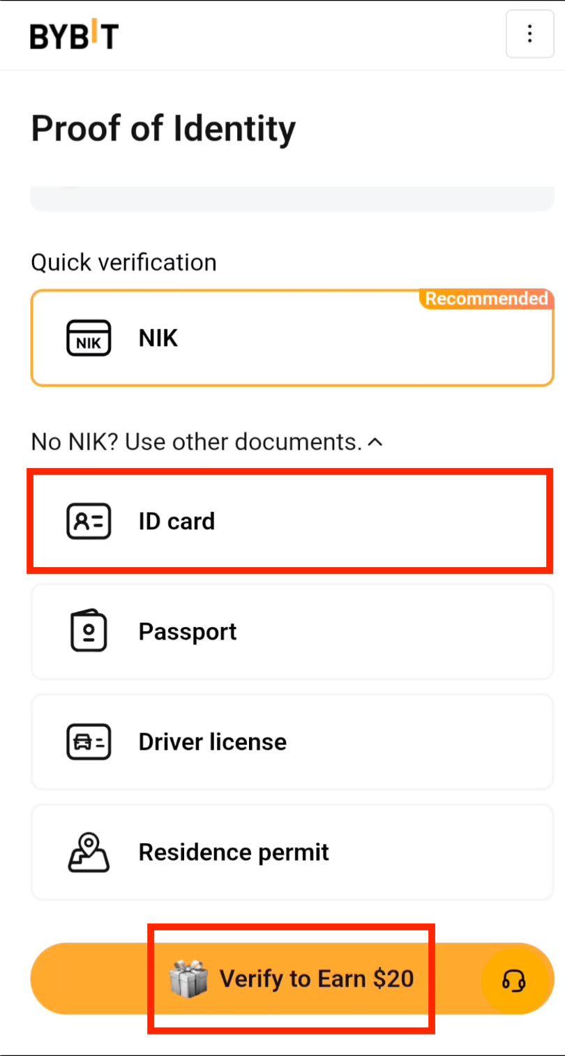 Select ID card for Bybit KYC verification