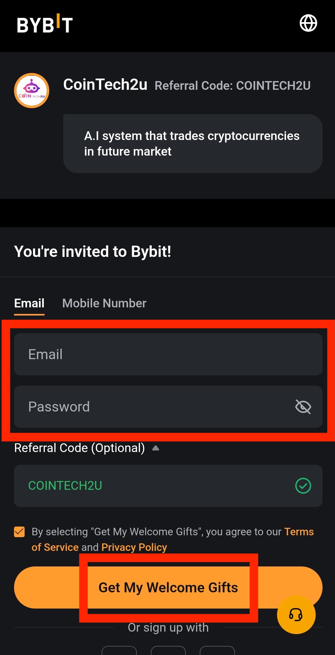 Bybit email and password entry screen