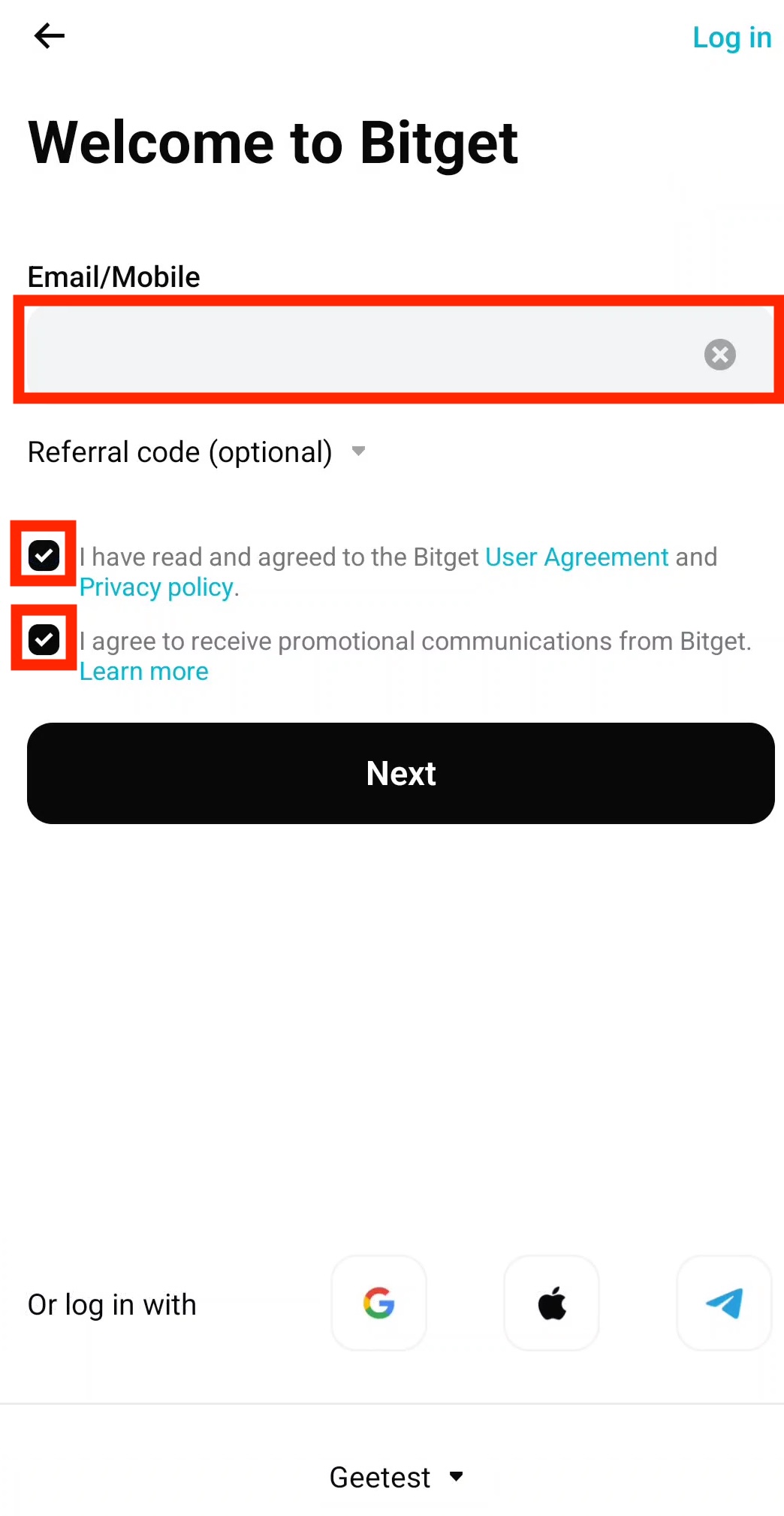 Enter email and create Bitget account with referral code ct2u10