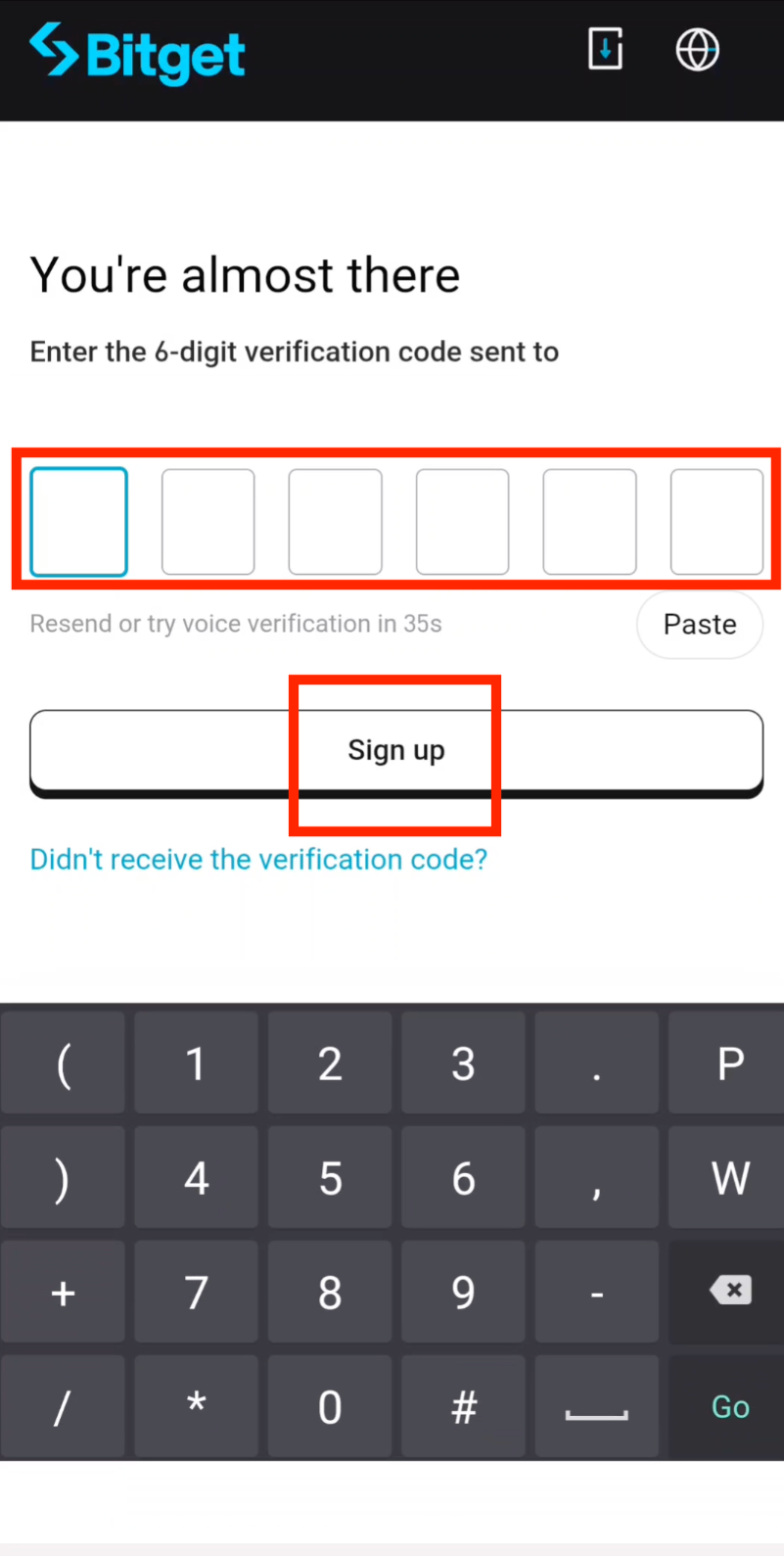 Enter email verification code to complete Bitget registration