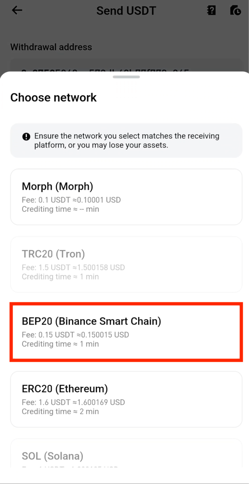 Select BEP20 network for Bitget USDT withdrawal