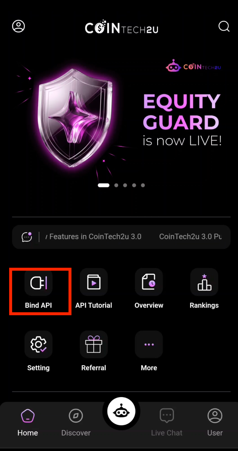 Tap Bind API on CoinTech2u homepage