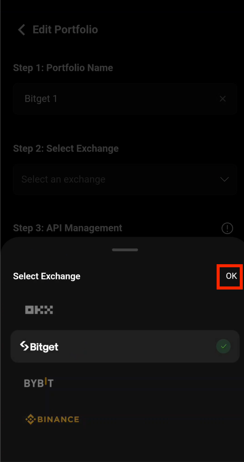 Confirm Bitget exchange selection