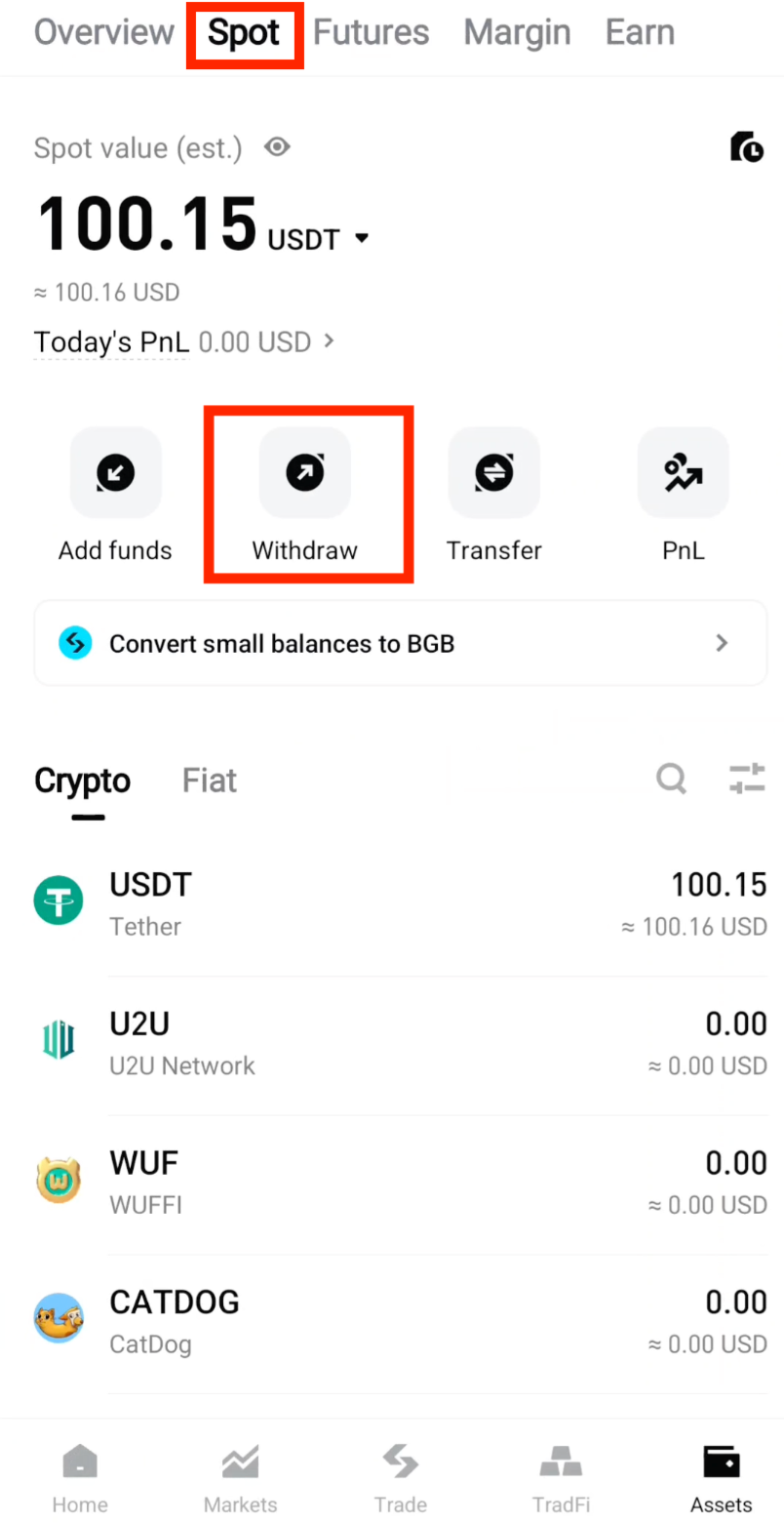 Select Spot wallet and tap Withdraw on Bitget