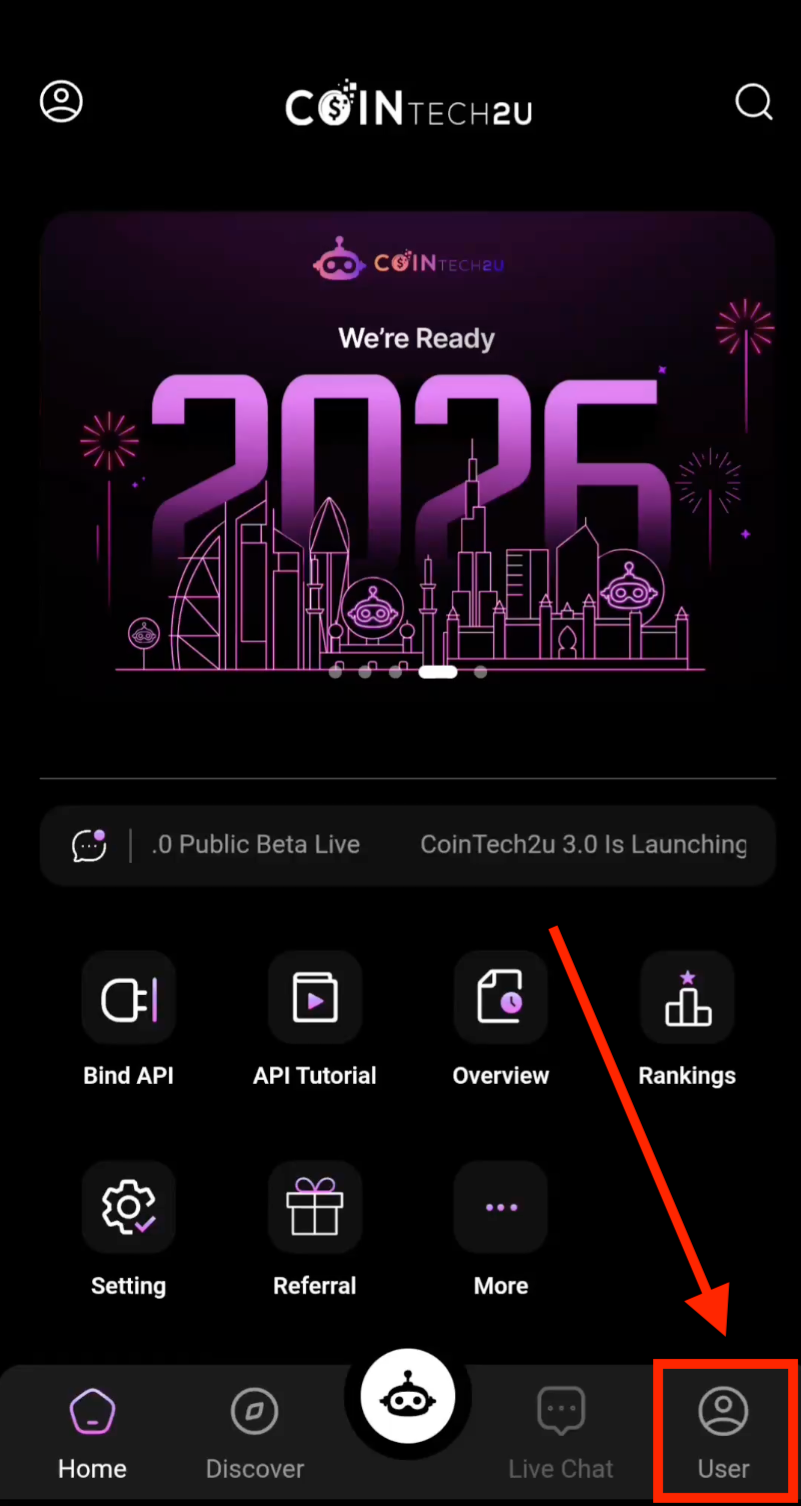 Tap User icon on CoinTech2u homepage