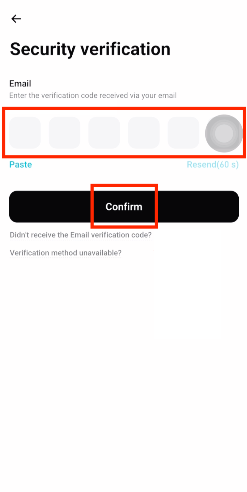 Enter email verification code on Bitget 2FA setup