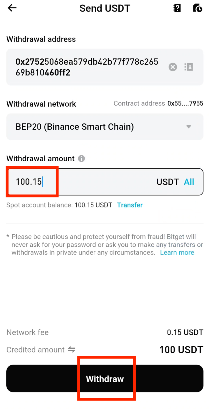Enter USDT withdrawal amount on Bitget