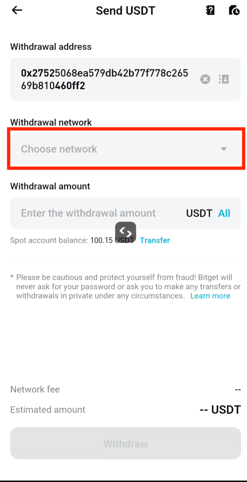 Tap Choose network on Bitget withdrawal