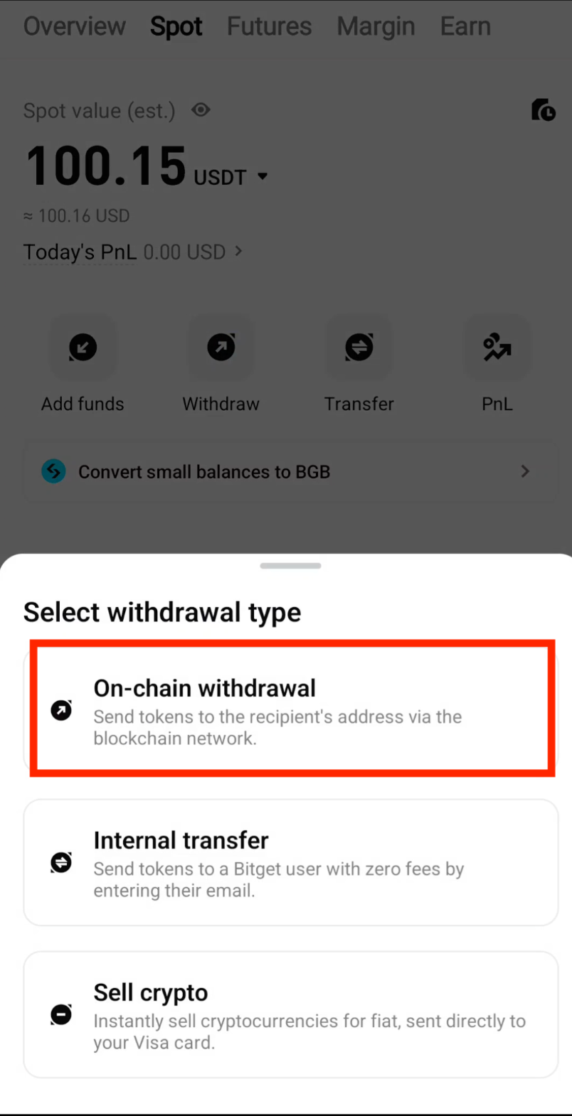 Select on-chain withdrawal on Bitget