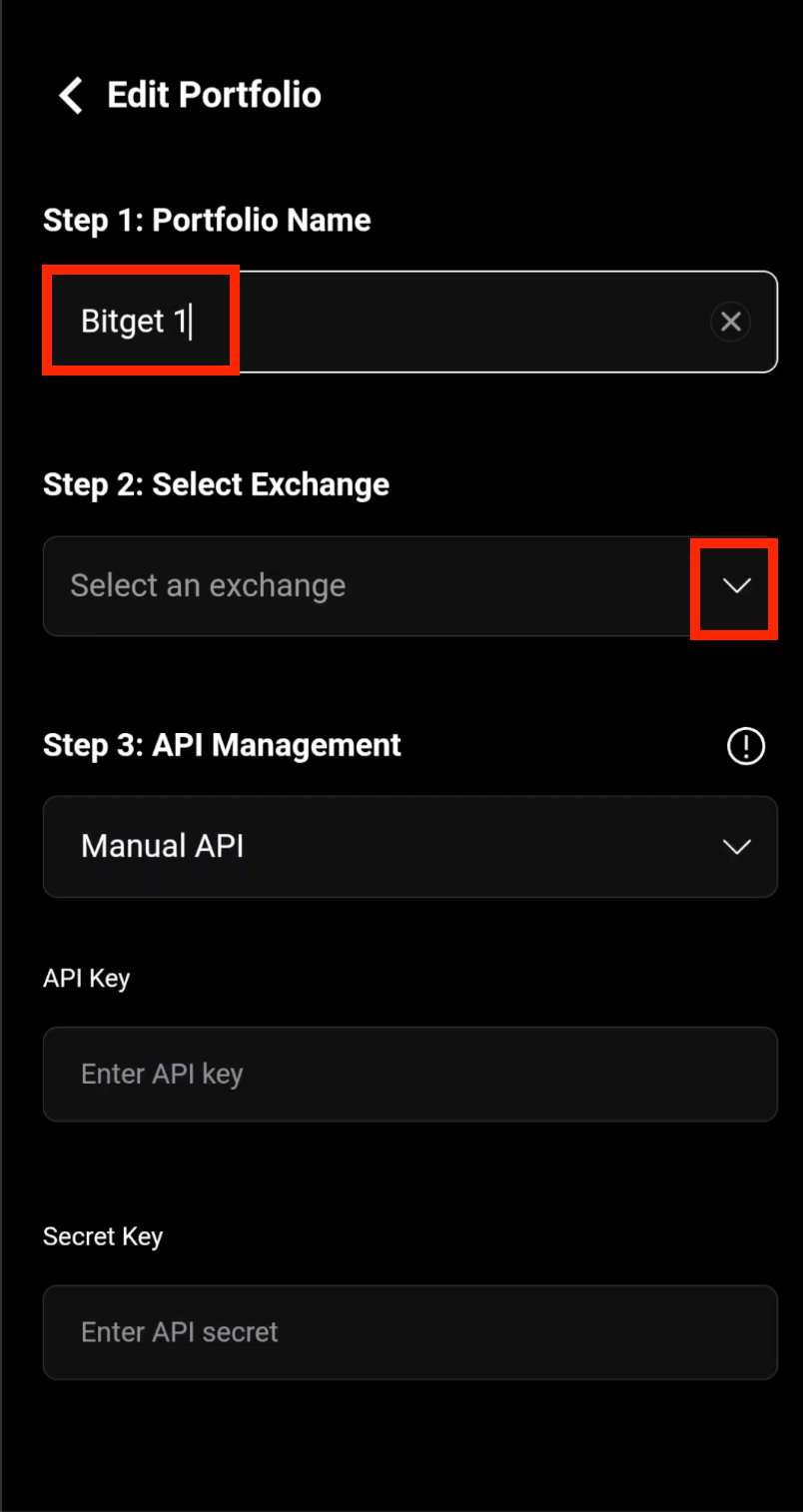 Enter portfolio name and select Bitget exchange